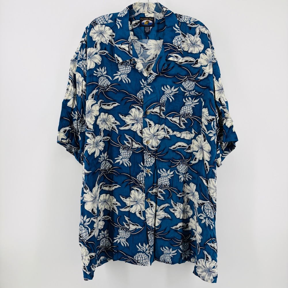 Falcon Bay Hawaiian Shirt Mens 3XLT Blue Floral Pineapple Tropical Vintage Beach